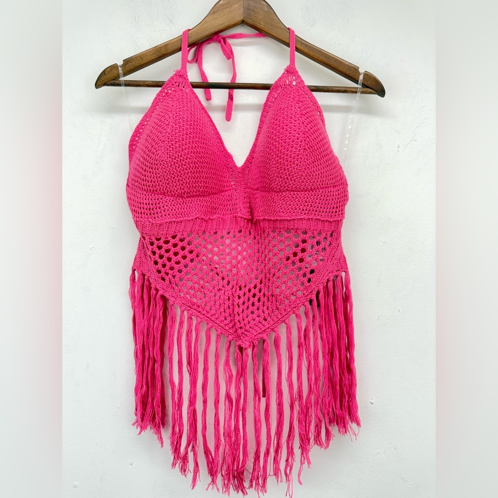 Trendy Threads size 1X Women’s Pink Mesh Crochet Boho Fringe Hem Halter Top NWT